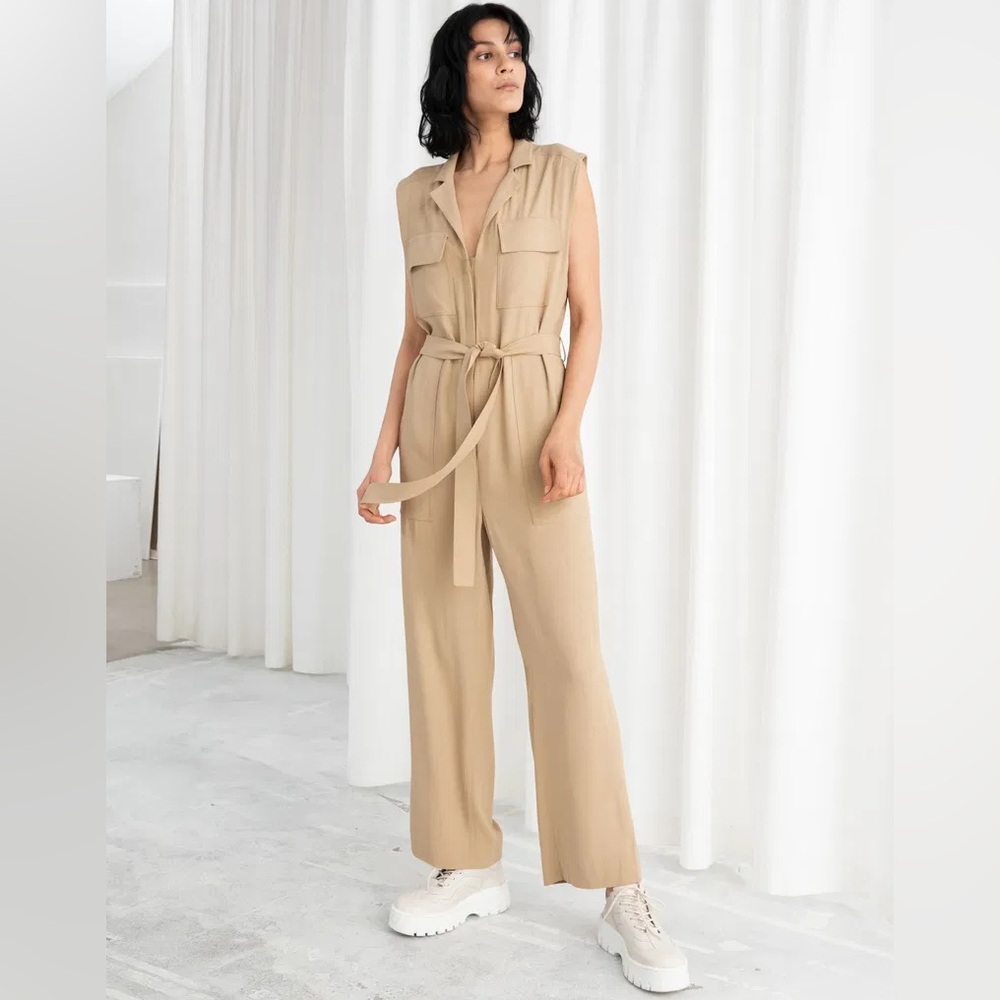Capsule & OTHER STORIES Belted Sleeveless Jumpsuit Size 10 Beige Relaxed Fit